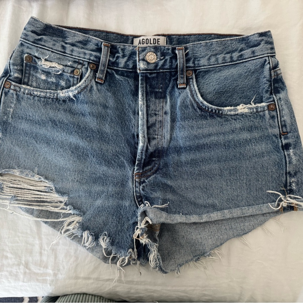 Agolde Light Blue Distressed Denim Cutoff Shorts